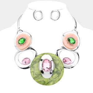 Pink Green Stone Silver Abstract Round Pendant Necklace Statement Jewelry Set